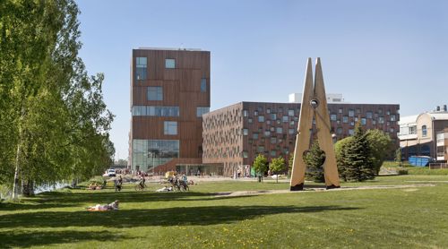 Umeå Arts Campus. In the foreground the sculpture Skin 4 by Mehmet Ali Uysal, in the back Bildmuseet and Umeå School of Architecture  PHOTO: Johan Gunseus