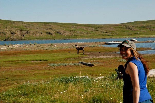 Jodi with a caribou, Herschel Island