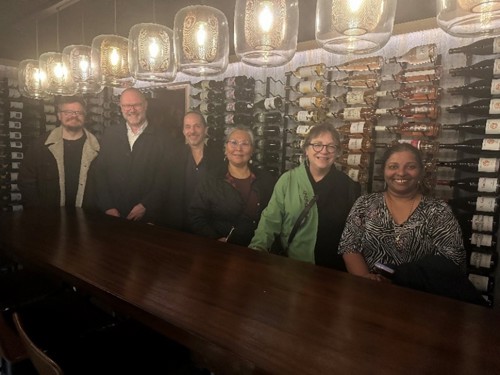 Knút Háberg Eysturstein, Martin Zacharisen, Magni Mohr, Panigkaq Agatha John Shields, Hirshberg & Kalpana Vijayavarathan-R at the wine cellar in Hotel Brandan.