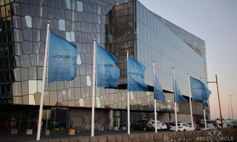 Arctic Circle flags in front of Harpa Conference Centre in Reykjavik, Iceland in 2021