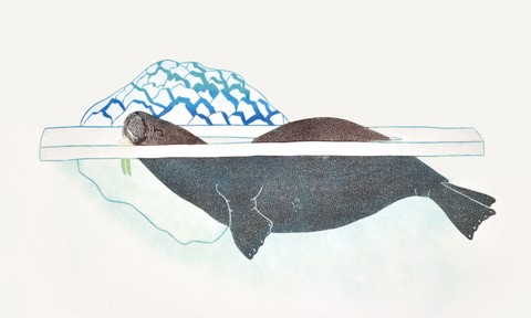 Kananginak Pootoogook, Walrus in Pressure Ice (1989), stonecut and stencil, 62 x 77 cm. Image permission: Dorset Fine Arts. 
