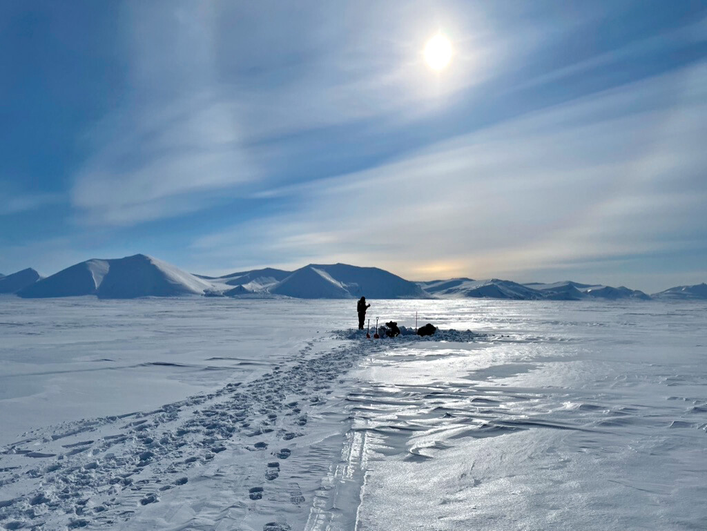 A member of Roland Kallenborn’s team takes snow and ice samples in the Arctic. 